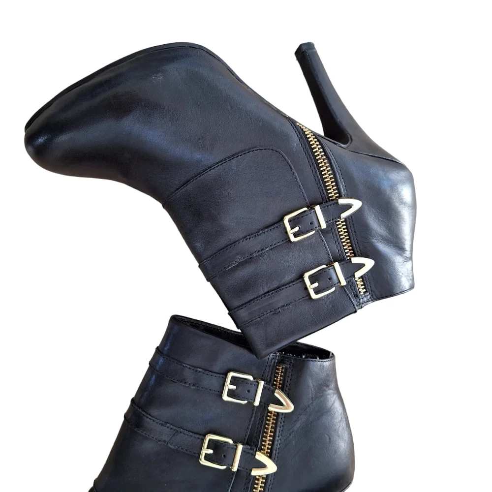 Me Too Lennon Womens Black Leather Platform Heeled Bootie Ankle Boot sz 9.5M …